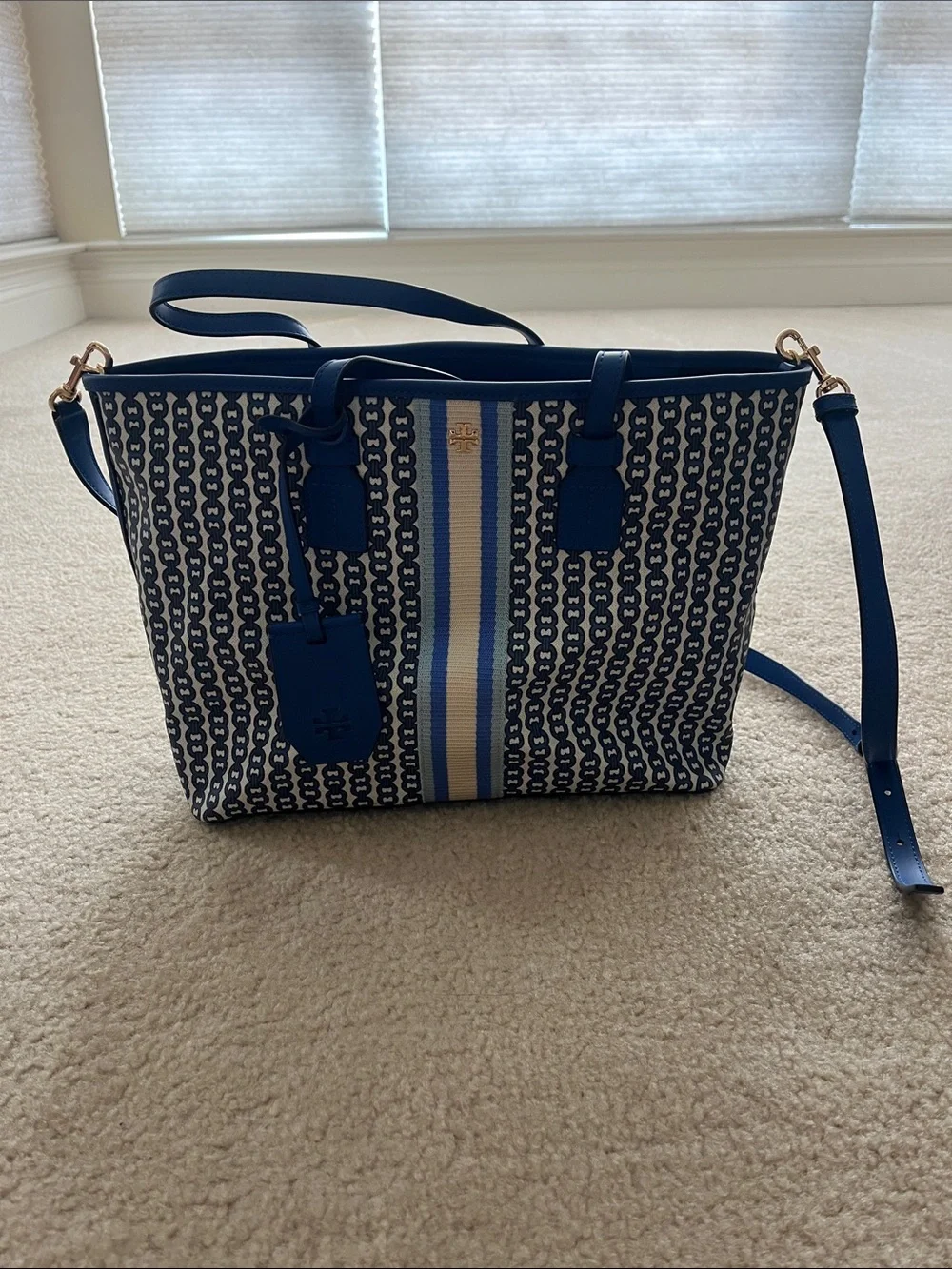 Tory Burch Gemini Link Blue and White Patterned Tote with Center Stripe